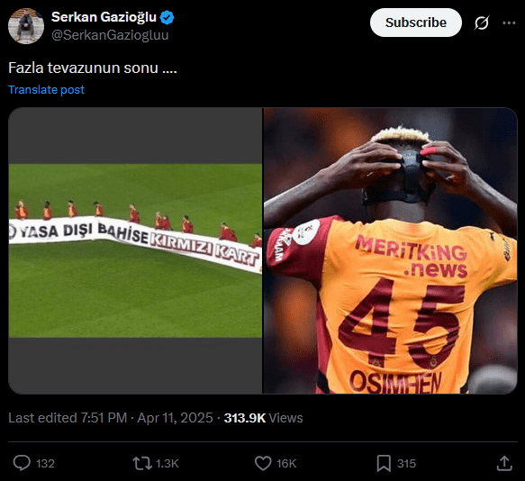 X'te Galatasaray yasa dışı bahis pankartı paylaşımı