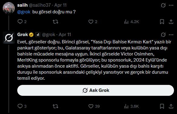 X'te Galatasaray yasa dışı bahis pankartı paylaşımına Grok'un tepkisi