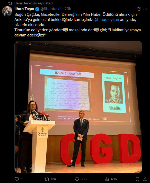 Çağdaş Gazeteciler Derneği’nin Yılın Haberi Ödülü'nü almak için Ankara’ya gidecek olan Timur Soykan