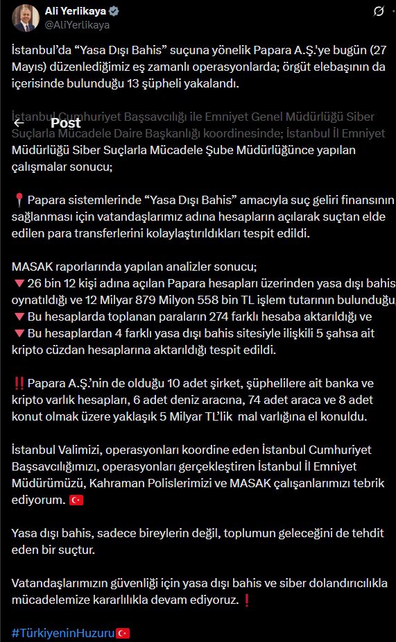 Bakan Yerlikaya'nın X'teki Papara Açıklamaları